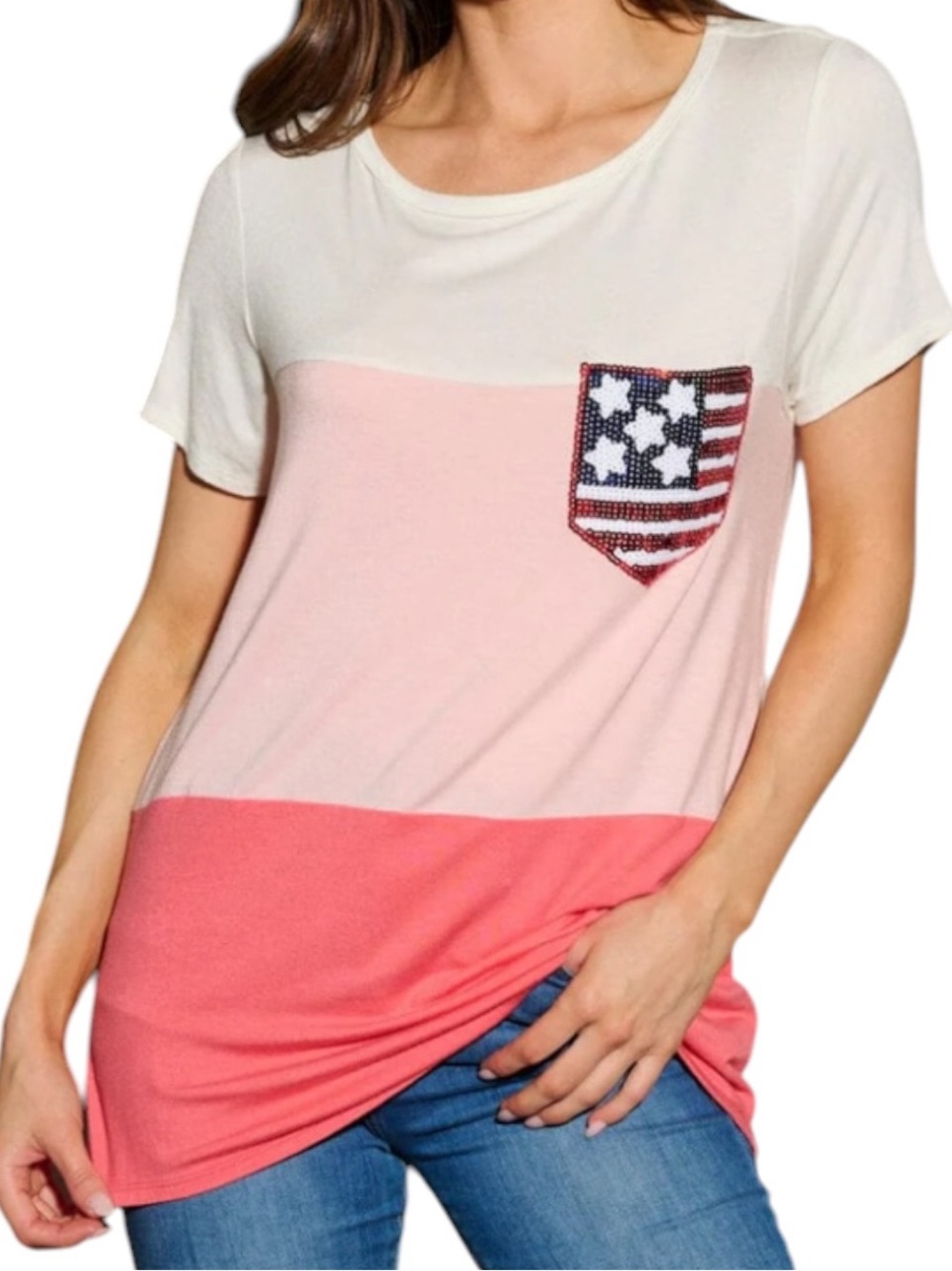 Rayon Colorblock Coral Front Pocket Sequin US Flag Patch Top 🇺🇸